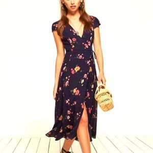 Reformation Navy Floral Midi Dress